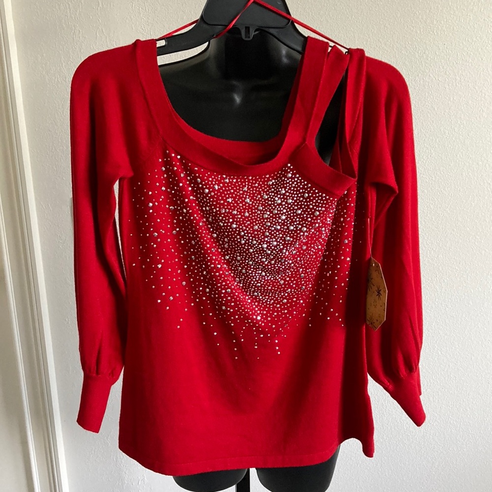 🚨NWT🚨 Ember Red Sparkle Lightweight Long Balloon Sleeve Sweater Top